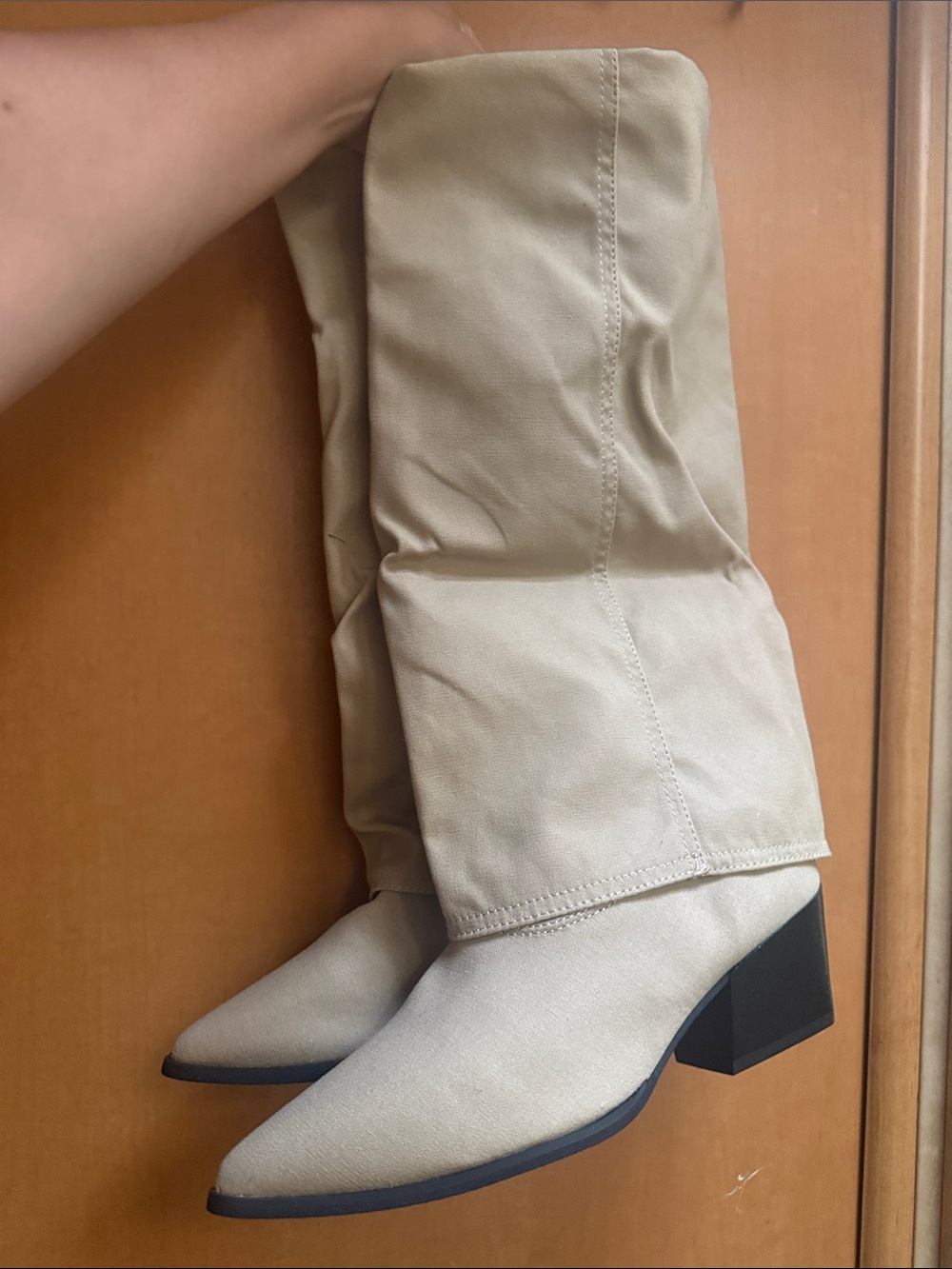 Moussy Light Beige Over-the-Knee Pointed Toe Block Heel Boots